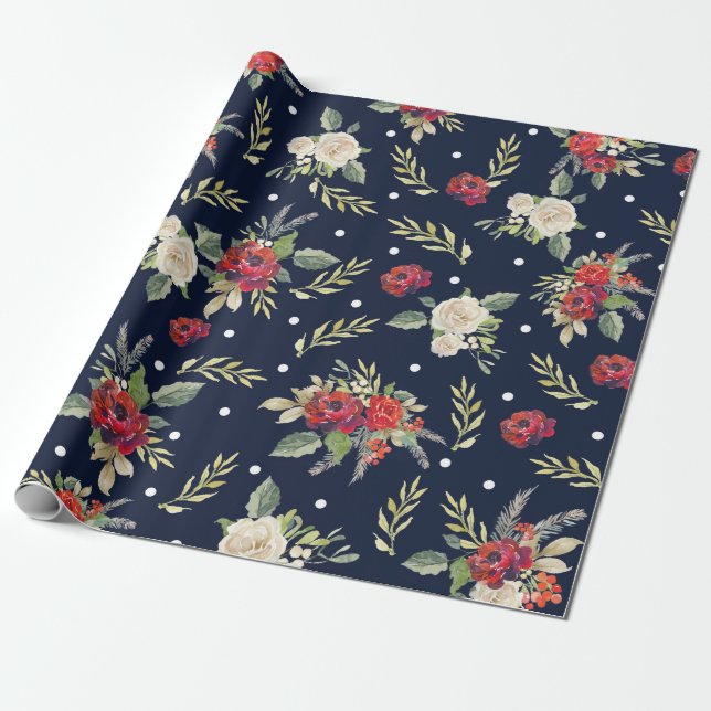Christmas Holiday Navy Burgundy Ivory Floral Roses Wrapping Paper (Unrolled)