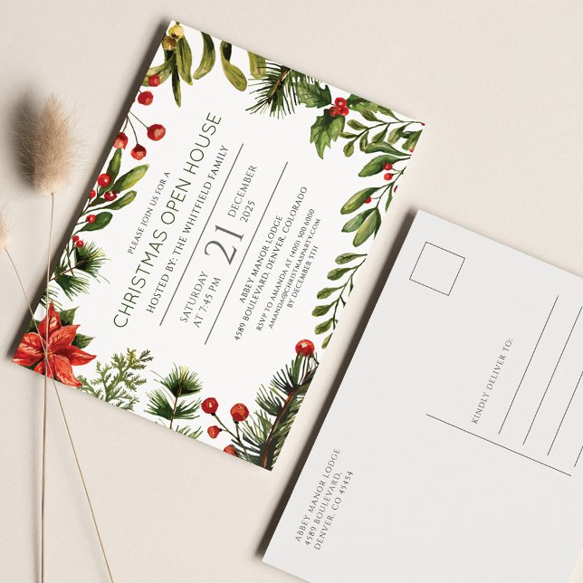 Christmas Holiday Open House Berries Greenery Invitation Postcard (Christmas Open House Party Invitation Postcard)