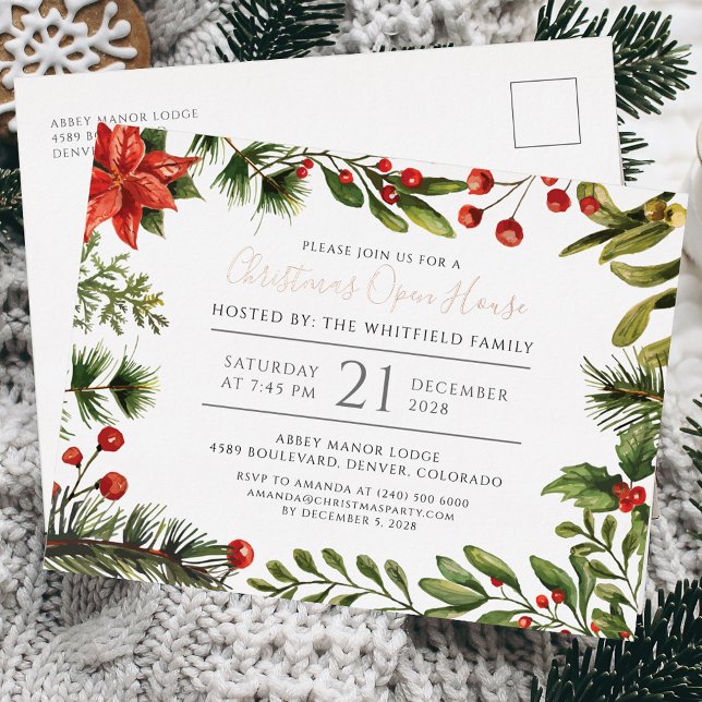 Christmas Holiday Open House Botanical Rose Gold Foil Invitation Postcard (Christmas Party Botanical Script Red Berries Open House Invitation Card)