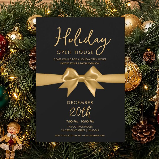 Christmas Holiday Open House Gold Bow Black Invitation (Christmas Holiday Open House Gold Bow Black Invitation)