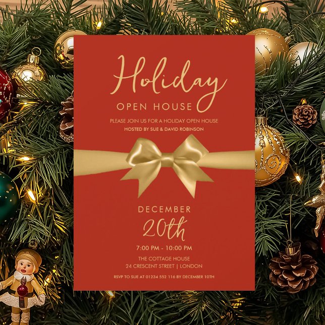 Christmas Holiday Open House Gold Bow Red  Invitation (Christmas Holiday Open House Gold Bow Red Invitation)