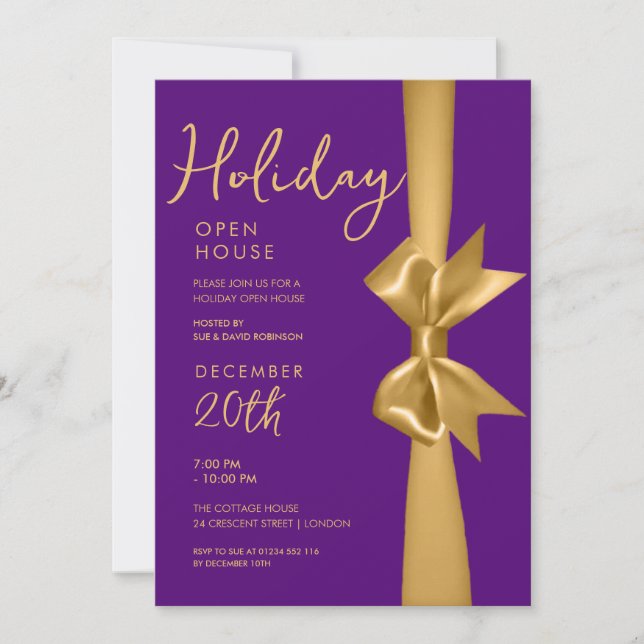 Christmas Holiday Open House Gold Ribbon Purple  Invitation (Front)