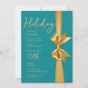Christmas Holiday Open House Gold Ribbon Teal  Invitation
