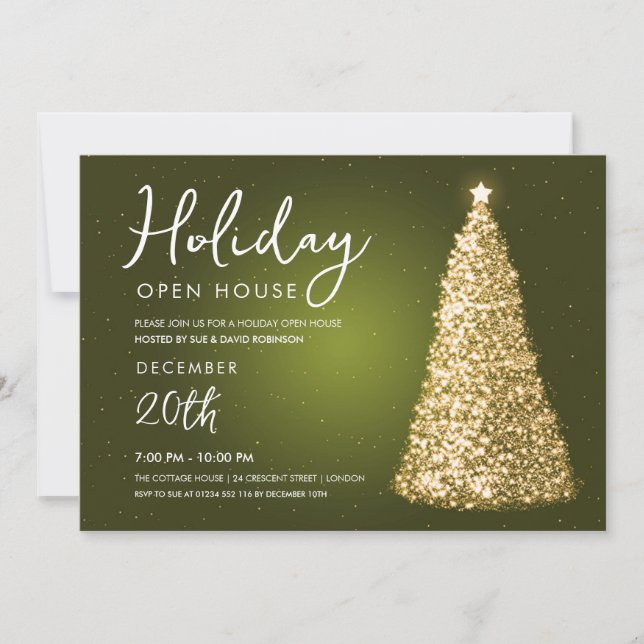 Christmas Holiday Open House Gold Tree Green  Invitation (Front)
