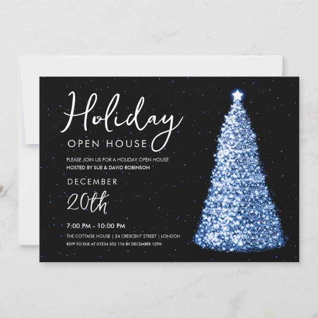 Christmas Holiday Open House Navy Tree  Invitation (Front)