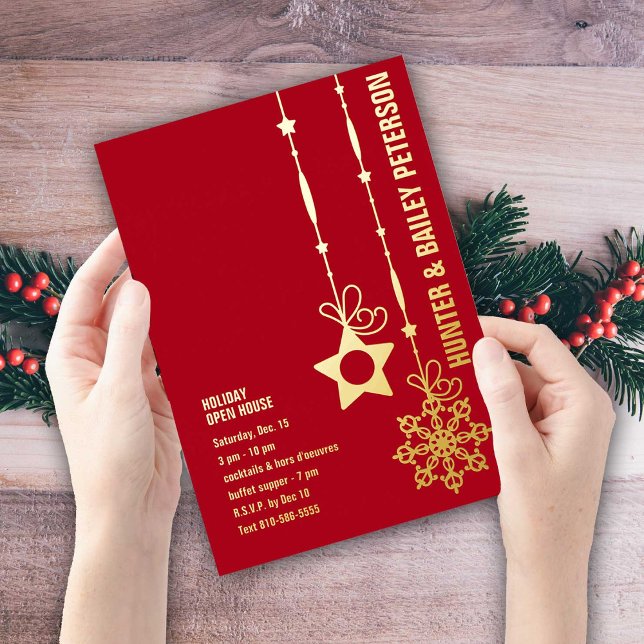 Christmas Holiday Open House Party Gold (Festive Gold Foil Invitation for your Holiday Open House.  Available in four colors.)