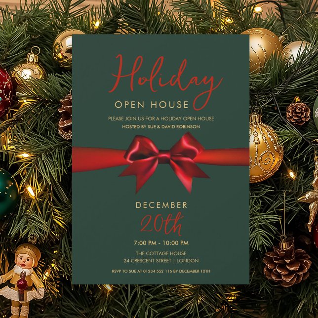Christmas Holiday Open House Red Bow Green  Invitation (Christmas Holiday Open House Red Bow Green Invitation)