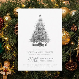 Christmas Holiday Open House Silver Xmas Tree Invitation
