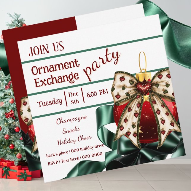Christmas Holiday Ornament Exchange Invitation (Cute Christmas Oranment Exchange party invitation with coquette bow and ribbon)