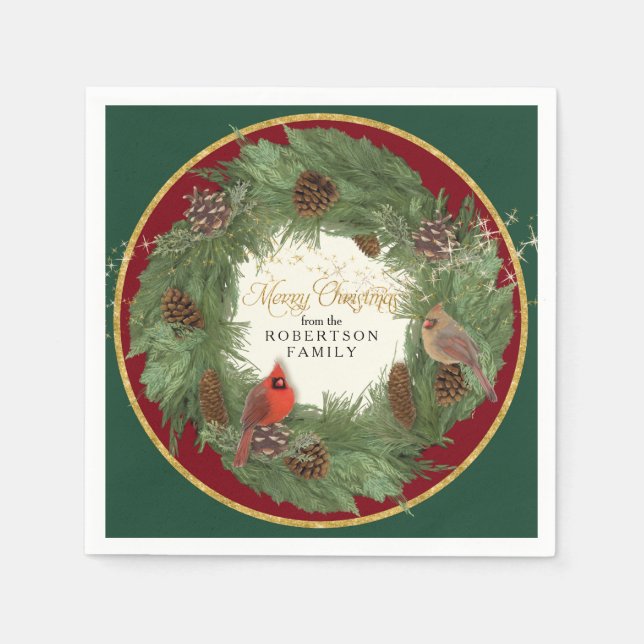 Christmas Holiday Party Evergreen Wreath Cardinals Napkin (Front)
