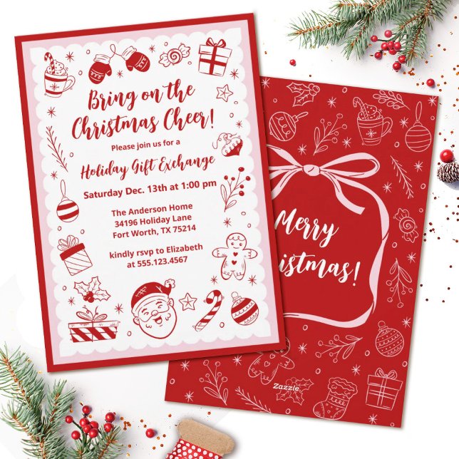 Christmas Holiday Party Gift Exchange Invitation (A cute whimsical hand drawn Christmas party invitation. Personalize it with your information)