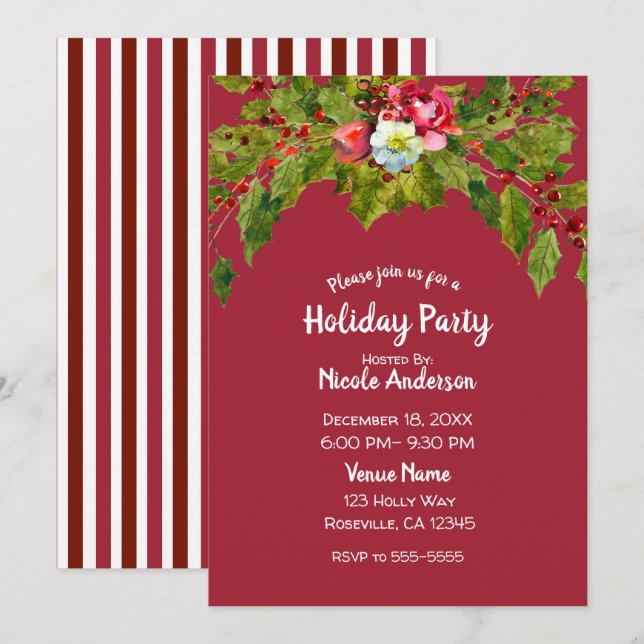 Christmas Holiday Party Holly Berry Floral Berries Invitation (Front/Back)