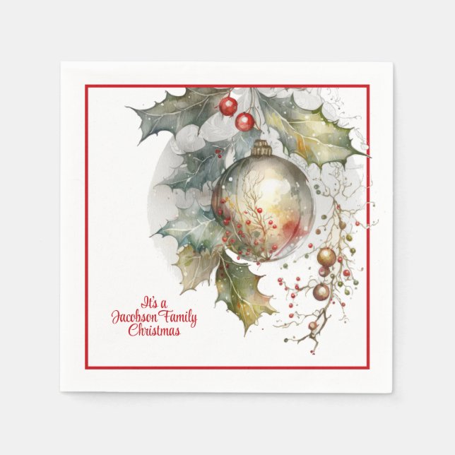 Christmas Holiday Party Holly Ornament Family Napkin (Front)