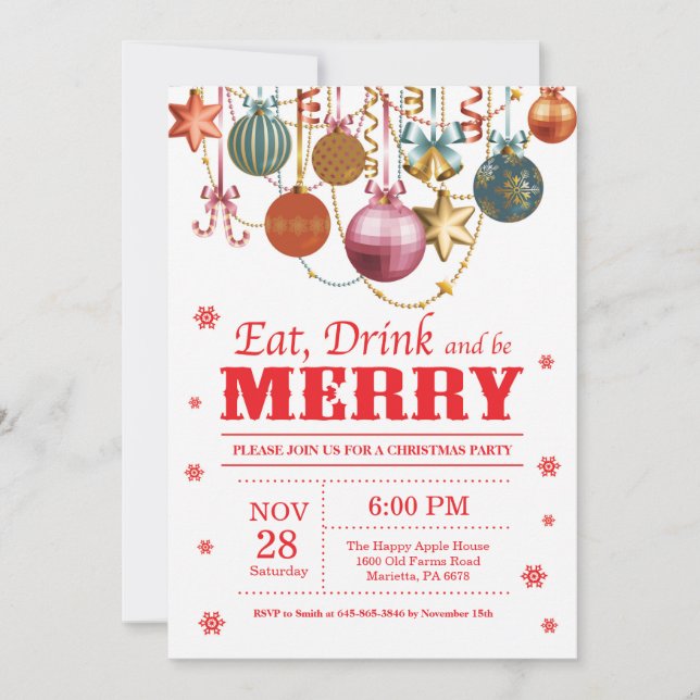 Christmas Holiday Party Invitation Eat Drink Merry (Front)