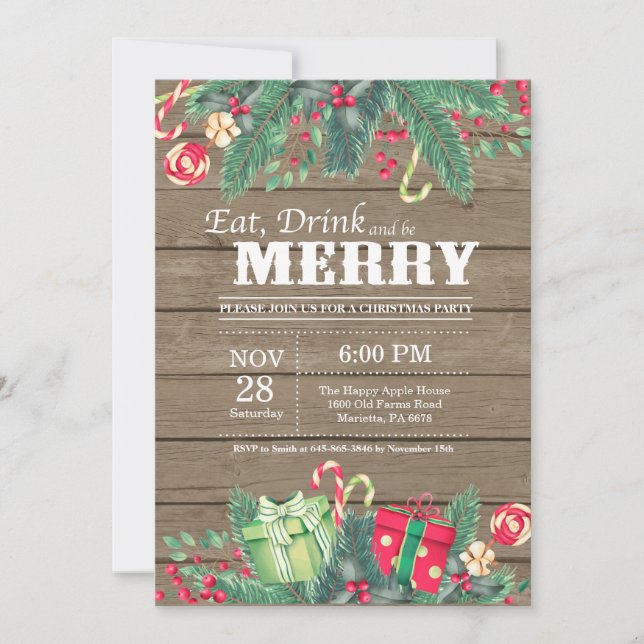 Christmas Holiday Party Invitation Rustic Wood (Front)