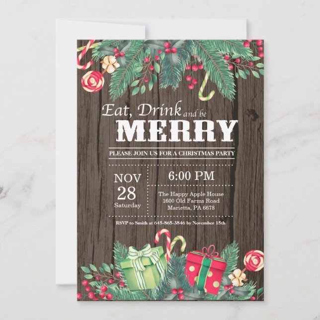 Christmas Holiday Party Invitation Rustic Wood (Front)