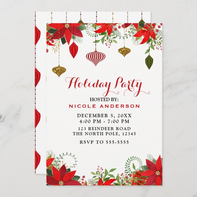 Christmas Holiday Party Ornaments & Poinsettia Invitation (Front/Back)