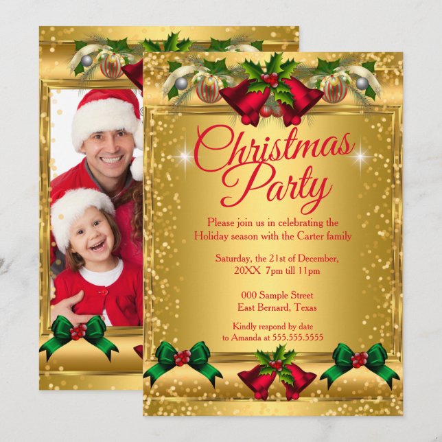 Christmas Holiday Party  Photo Gold Red Invitation (Front/Back)