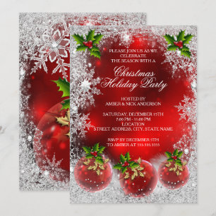 Christmas Holiday Party Red Holly Bauble Snowflake Invitation