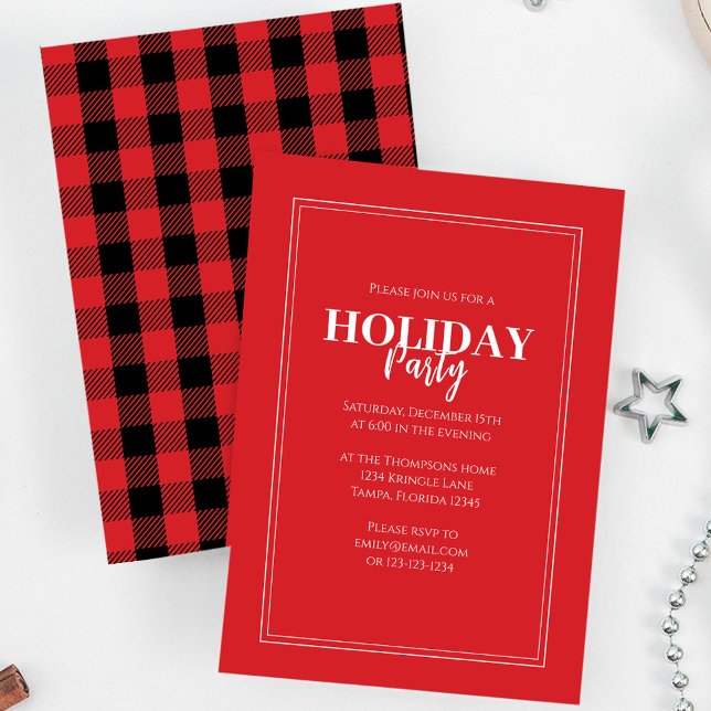 Christmas Holiday Party Rustic Red Buffalo Plaid  Invitation (Holiday red and black buffalo check patterned invitation with a simple white border.)