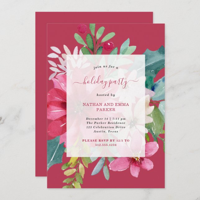 Christmas Holiday Party Vibrant Watercolor Floral Invitation (Front/Back)