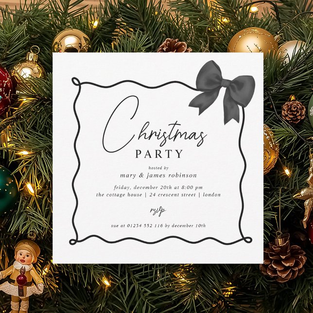 Christmas Holiday Party Whimsical Black Bow  Invitation (Christmas Holiday Party Whimsical Black Bow Invitation)