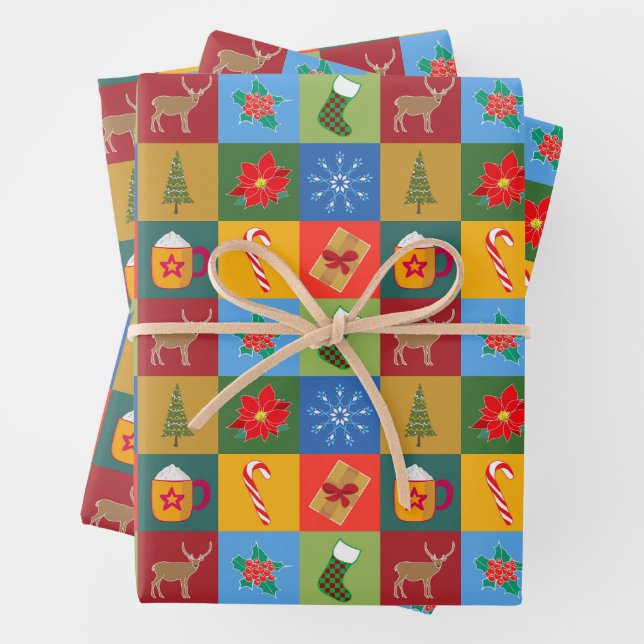 Christmas holiday patchwork pattern wrapping paper sheet (In situ)