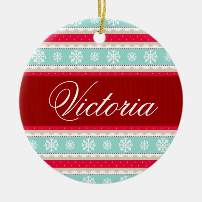 Christmas Holiday Pattern Custom Name Ceramic Tree Decoration (Front)