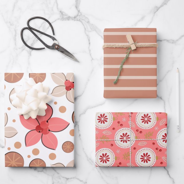 Christmas Holiday Pattern Modern Flower Wrapping Paper Sheet (Front)