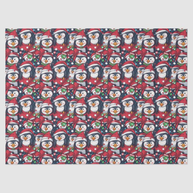 Christmas Holiday Penguins in Santa Hats Tissue Paper (Front)