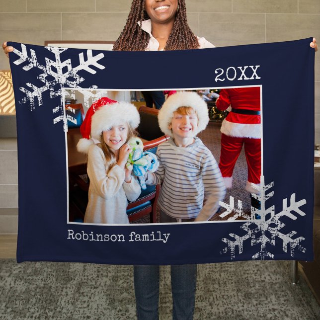 Christmas Holiday Photo Snowflake Navy Blue Fleece Blanket (Rustic snowflake family Christmas holiday keepsake photo ornament perfect to bring joy to others.)
