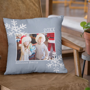 Christmas Holiday Photo Snowflakes Dusty Blue Cushion