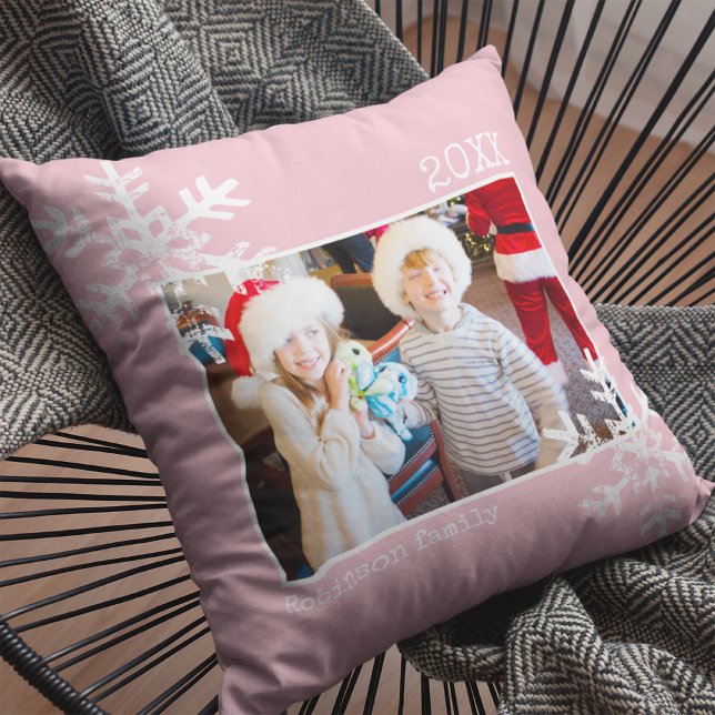 Christmas Holiday Photo Snowflakes Pink Cushion (Rustic snowflake family holiday keepsake photo pillow perfect for decorate your home.)