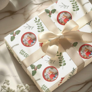 Christmas Holiday Photo with Watercolor Greenery Wrapping Paper