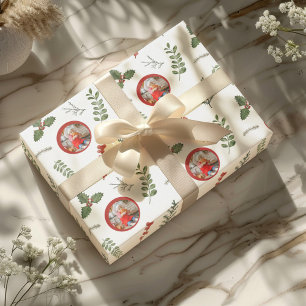 Christmas Holiday Photo with Watercolor Greenery Wrapping Paper