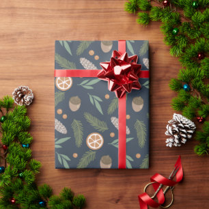 Christmas Holiday Pine & Beries Pattern Navy Blue Wrapping Paper