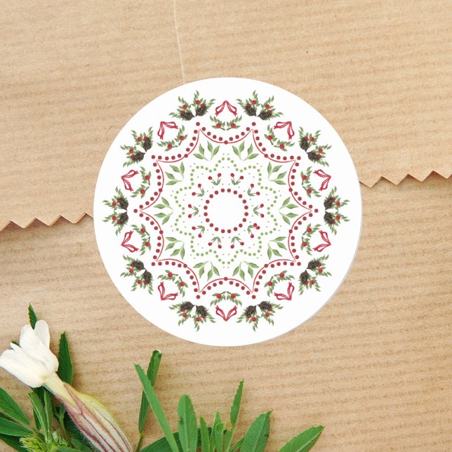 Christmas Holiday Pinecones Mandala Pine Branches Classic Round Sticker (Christmas cute simple mandala minimalist minimal.)
