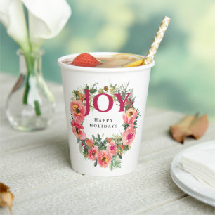 Christmas Holiday Pink Joy Wreath Botanical Paper Cups