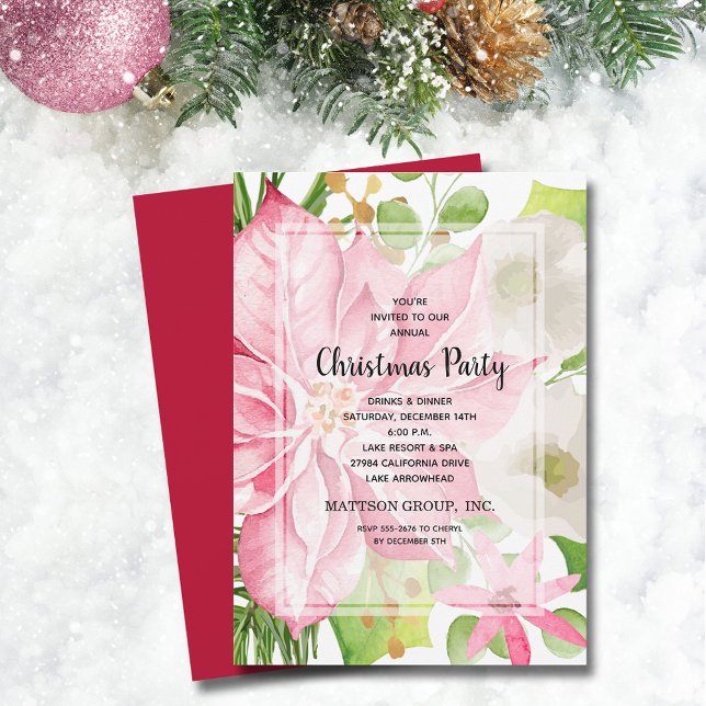 Christmas Holiday Pink Poinsettia Floral Invitation (Christmas Holiday Pink Poinsettia Floral Invitations)