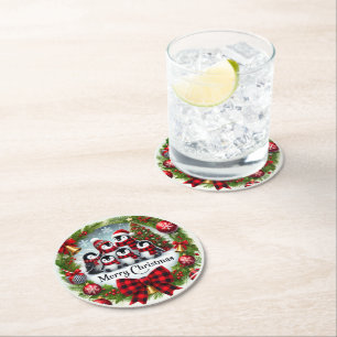 Christmas Holiday Plaid Penguin Round Paper Coaster