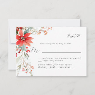 Christmas Holiday Poinsettia floral Wedding RSVP Card