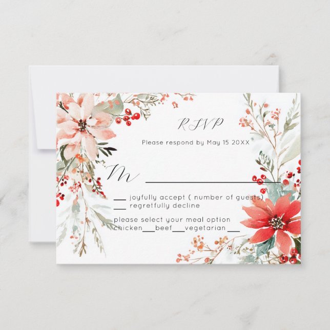 Christmas Holiday Poinsettia floral Wedding RSVP Card (Front)