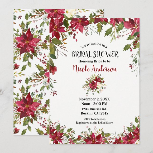 Christmas Holiday Poinsettia Flower Bridal Shower Invitation (Front/Back)