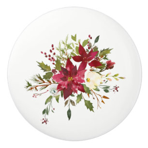 Christmas Holiday Poinsettia Flower Holly Berry Ceramic Knob