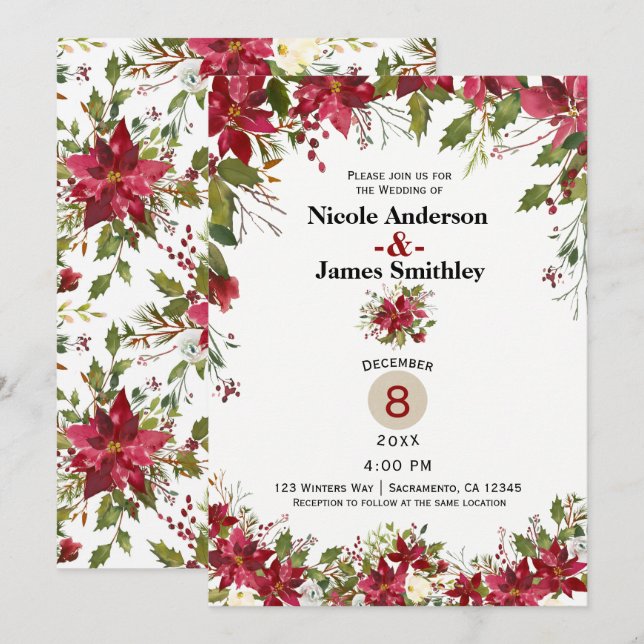 Christmas Holiday Poinsettia Holly Berry Wedding Invitation (Front/Back)
