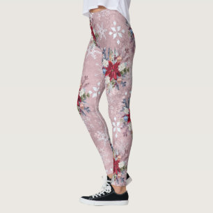Christmas Holiday Pretty Pink Poinsettia Bouquet Leggings