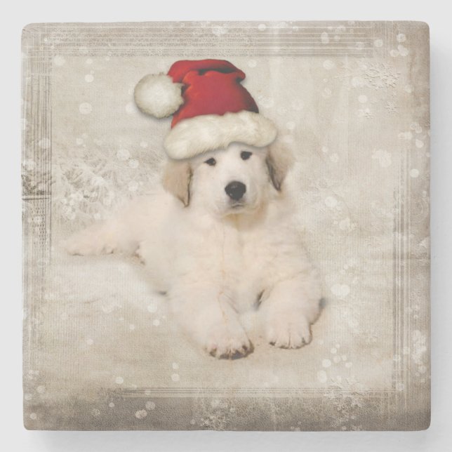Christmas Holiday - Pyr Puppy Santa Hat Stone Coaster (Front)