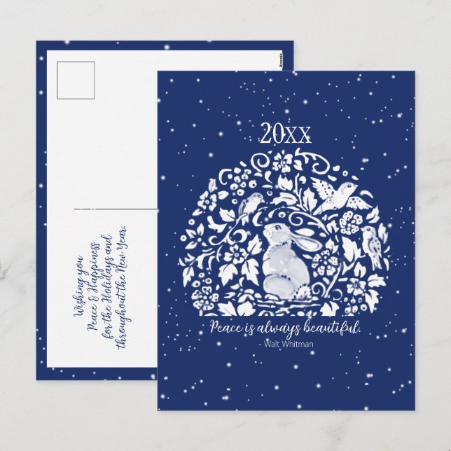 Christmas Holiday Rabbit Blue White Peace Year Postcard (Front/Back)
