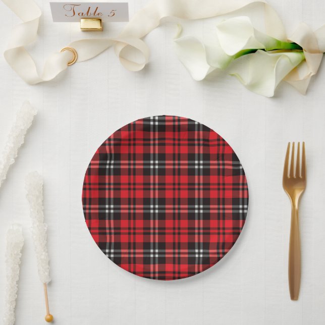 Christmas Holiday Red and Black Tartan Snowman Paper Plate (Wedding)