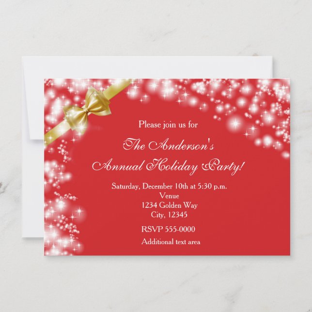 Christmas Holiday Red & Bow Sparkles Invitation (Front)